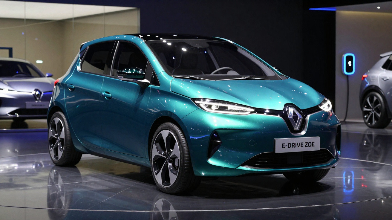 Carro elétrico Renault E-Drive Zoe azul exposto num salão automóvel moderno.