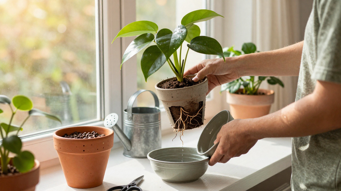 Pessoa a transplantar planta com raízes visíveis para vaso, junto a janela com regador e outras plantas em vasos.