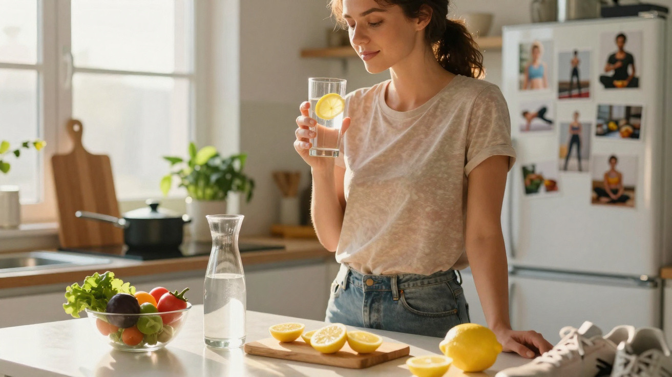 Mulher jovem a beber água com limão na cozinha, com legumes e frutas numa tigela à sua frente.