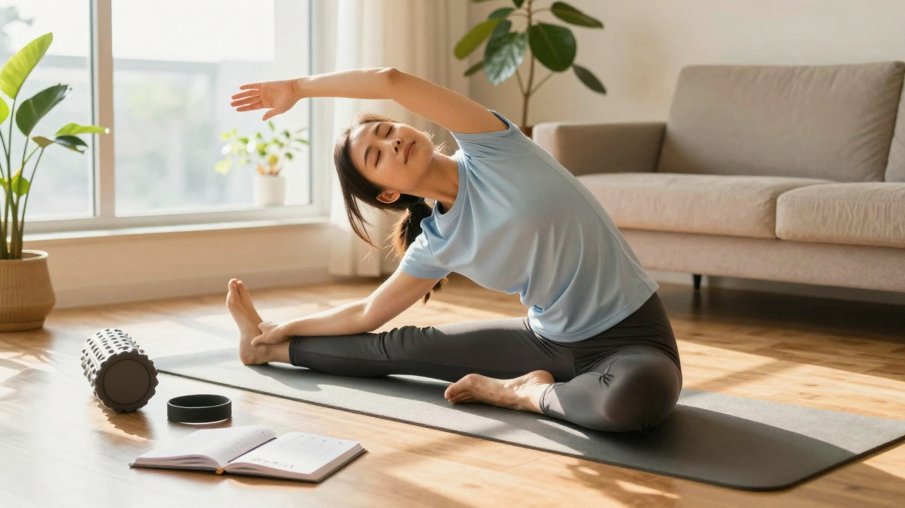 Mulher a fazer alongamentos no tapete de yoga numa sala com luz natural e plantas.