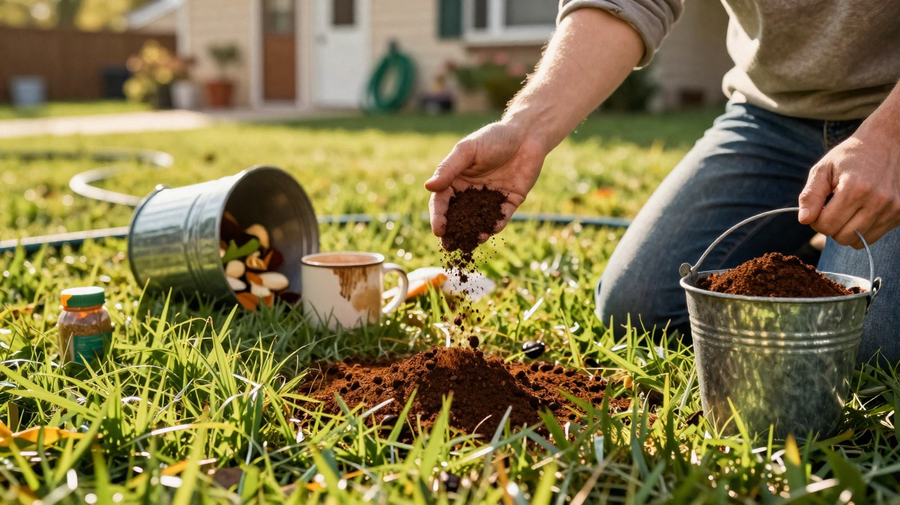 Pessoa a preparar terra num jardim em frente a uma casa, rodeada de utensílios de jardinagem.