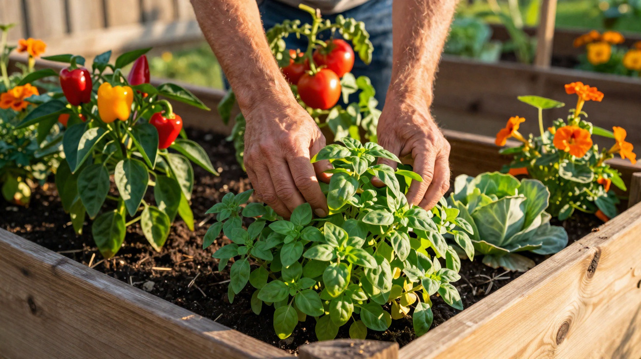 Mãos a cuidar de uma planta de manjericão num canteiro de madeira com outros legumes e flores.