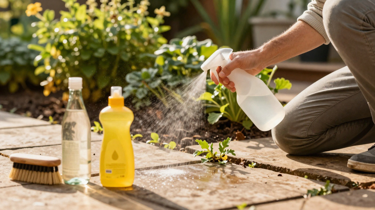 Mão usando borrifador para aplicar líquido na calçada, com produtos de limpeza e escova ao lado.