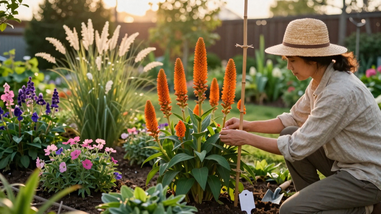 Mulher com chapéu a cuidar de flores laranja num jardim ao pôr do sol.