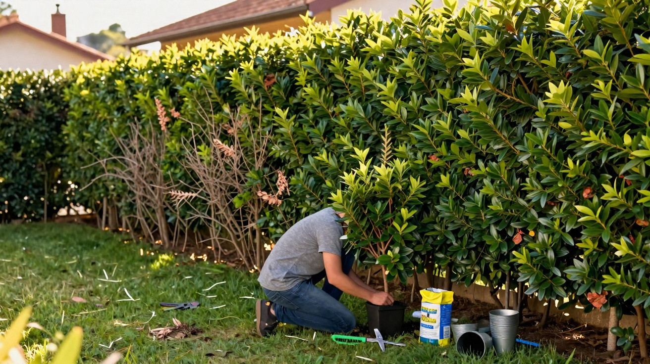 Pessoa a plantar uma árvore com tesouras, vasos e adubo numa área de relvado junto a sebe verde.