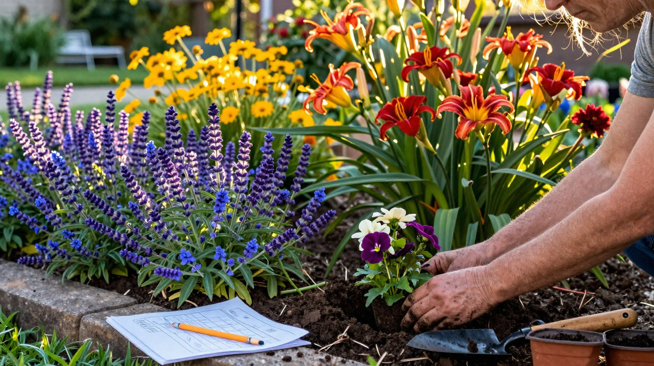 Pessoa a plantar flor num canteiro junto a flores amarelas, lilás e laranjas num jardim iluminado pelo sol.