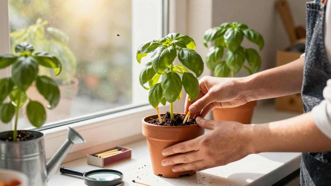 Mãos cuidadosas a colocar suportes em vaso com planta de manjericão junto a janela iluminada.
