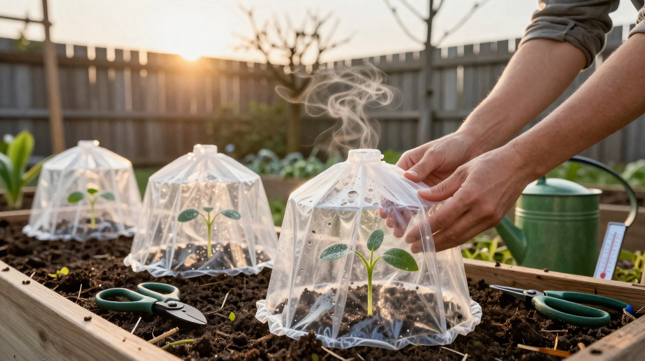Mãos a ajustar mini estufas plásticas sobre plantas jovens numa horta em caixa de madeira ao pôr do sol.