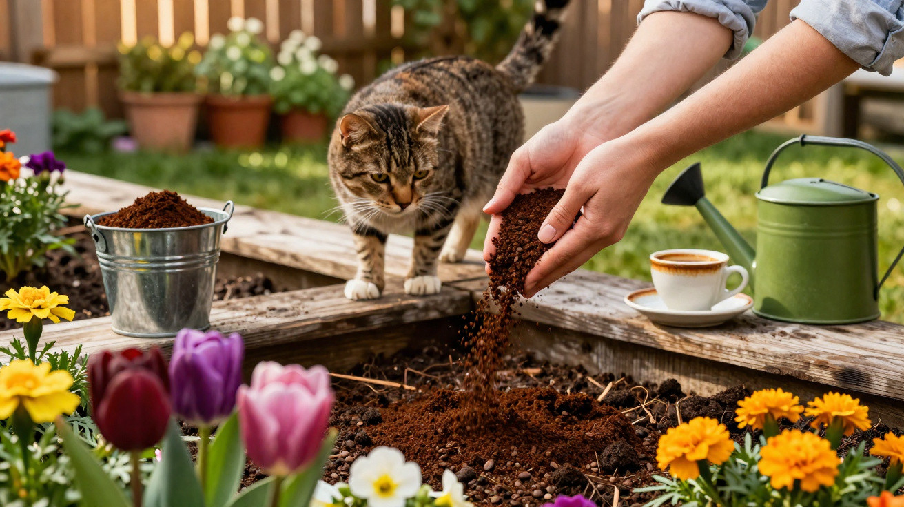 Gato num jardim observa mãos a espalhar terra numa cama de flores junto a uma chávena de café e um regador.