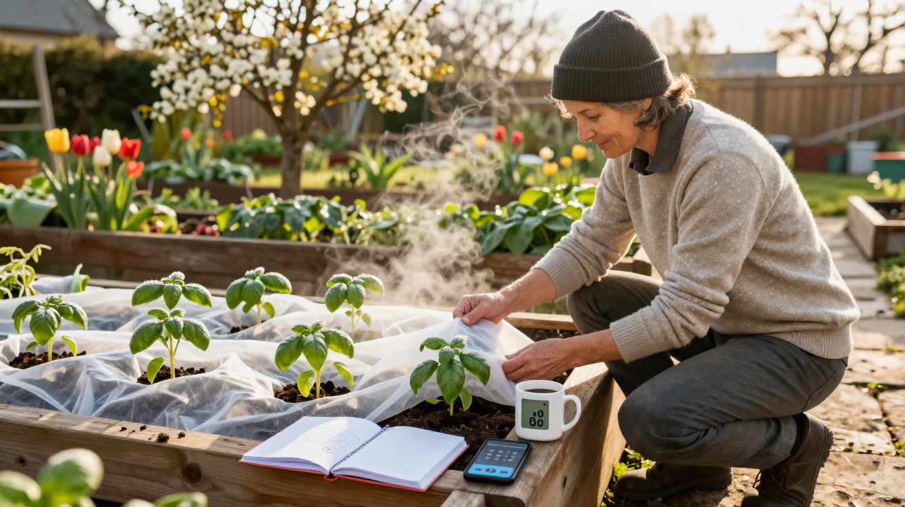 Pessoa a cuidar de plantas jovens numa horta com flores, caderno, termómetro e chávena.