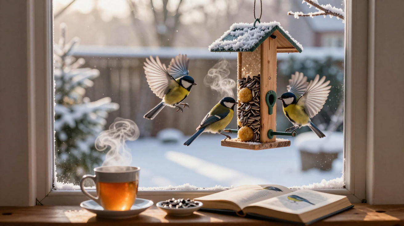 Três pardais junto a comedouro de pássaros na janela com neve, chá quente e livro aberto na mesa.