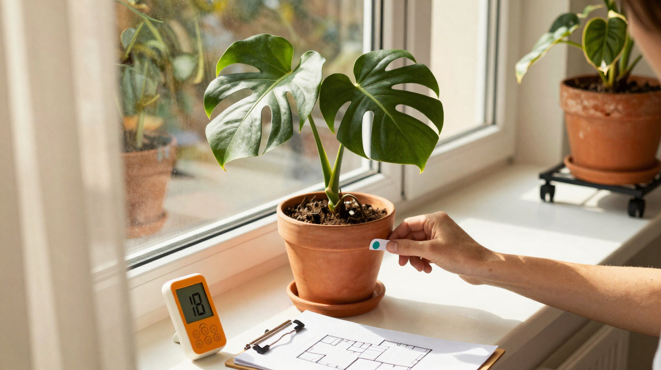 Pessoa a medir humidade do solo de planta Monstera em vaso de barro junto a janela com prancheta e medidor digital.