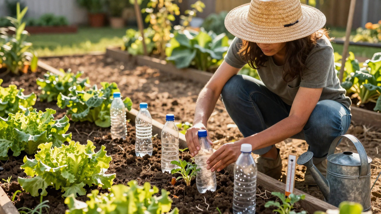 Mulher com chapéu a regar plantas numa horta usando garrafas de plástico como mini-estufas.