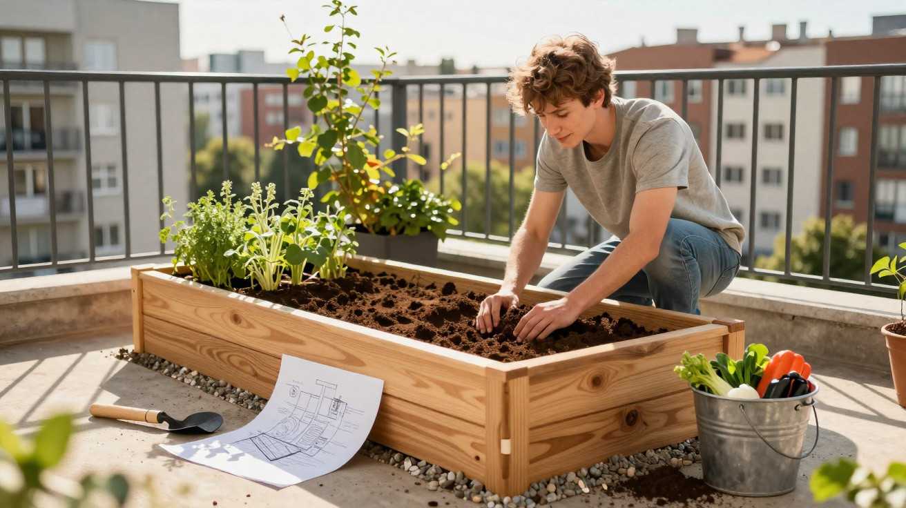 Jovem a cultivar uma horta urbana num canteiro de madeira num terraço com utensílios de jardinagem ao lado.
