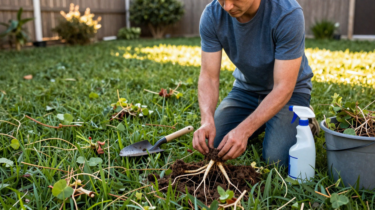 Homem ajoelhado a desenterrar raiz de planta num jardim com regador e balde ao lado.