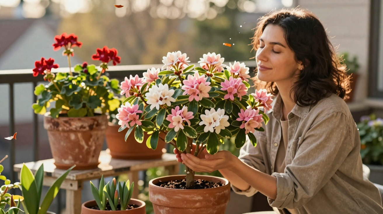 Mulher com olhos fechados acaricia planta florida em vaso num terraço com luz natural suave.