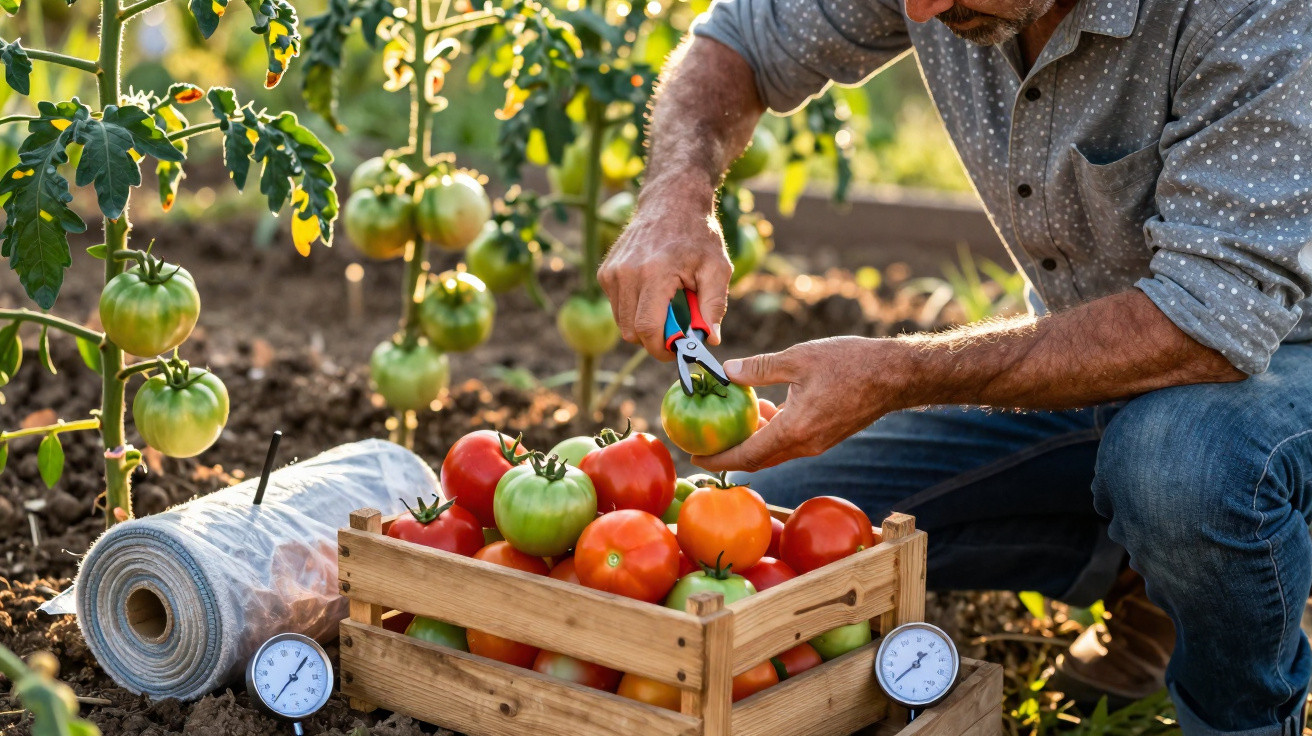 Homem a colher tomates verdes num campo, com caixa de madeira cheia de tomates maduros e verdes.