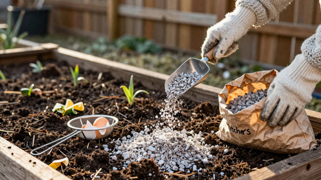 Mãos com luvas a espalhar fertilizante em canteiro com terra e plantas jovens.