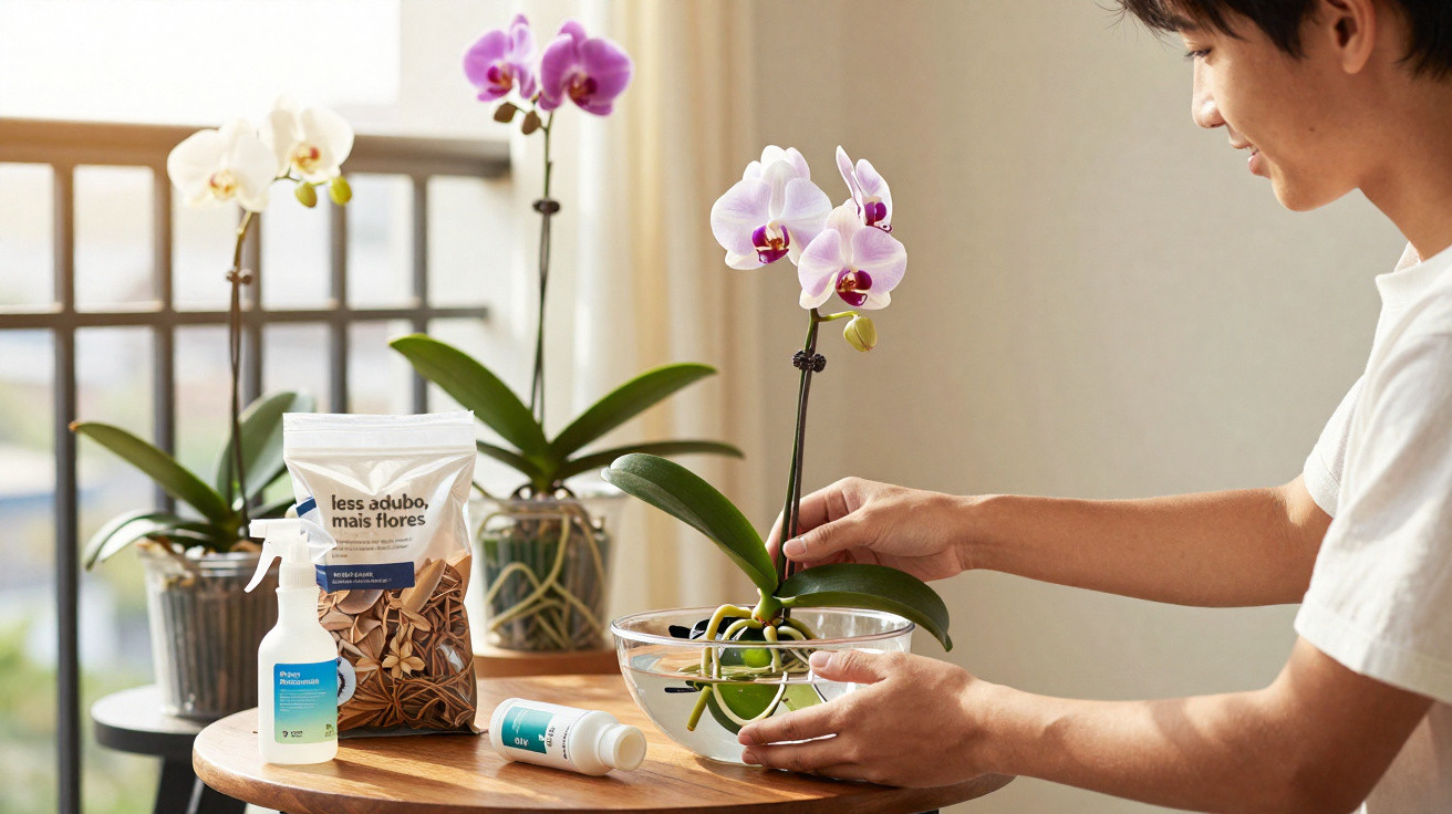 Pessoa a cuidar de uma orquídea num vaso transparente numa mesa com outras orquídeas e produtos de jardinagem.
