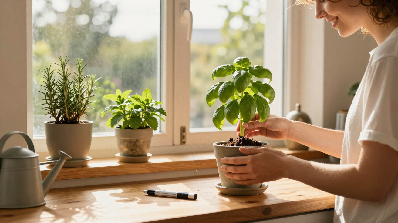 Pessoa a cuidar de planta de manjericão em vaso junto a outras plantas sobre secretária perto da janela.