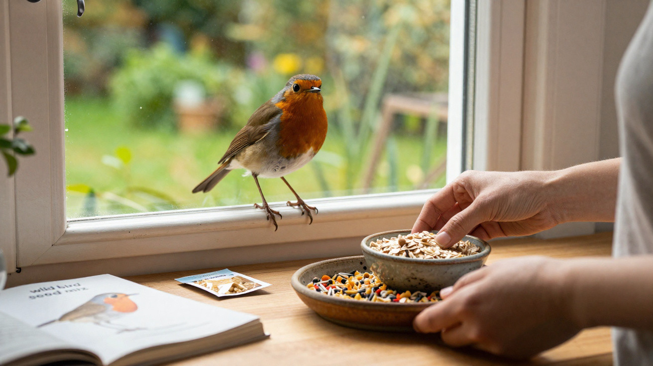 Pássaro com peito laranja pousado na janela enquanto mãos preparam comida para aves num interior luminoso.