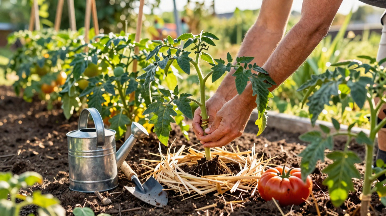 Mãos a plantar uma muda de tomateiro em terra com regador, enxada pequena e tomate maduro ao lado.