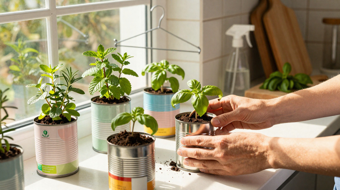 Mãos a cuidar de plantas aromáticas crescidas em latas reutilizadas numa cozinha iluminada pelo sol.