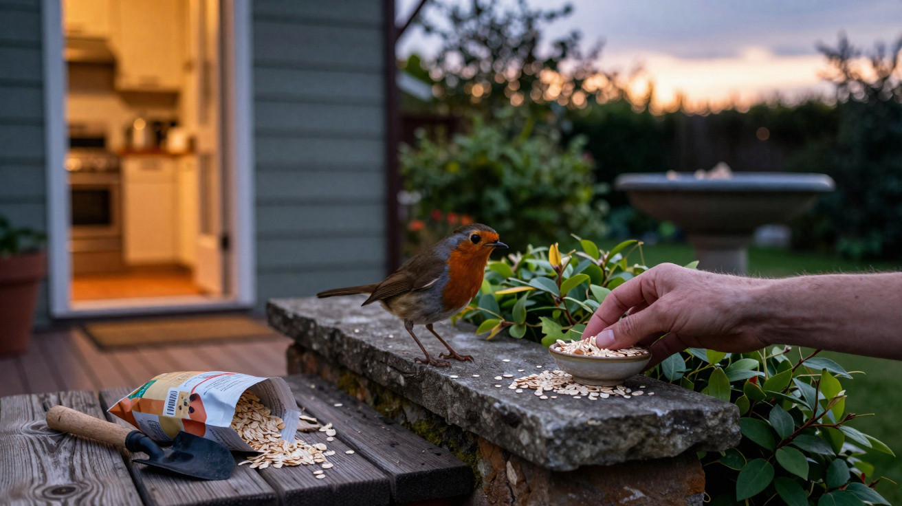 Mão alimenta um pardal com sementes numa pedra ao ar livre, ao entardecer, perto de uma casa e jardim.