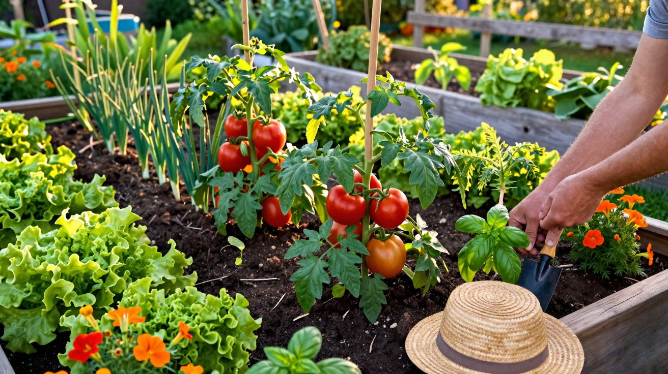 Horta cuidada com pés de tomate maduros, alface, flores e pessoa a transplantar manjericão.