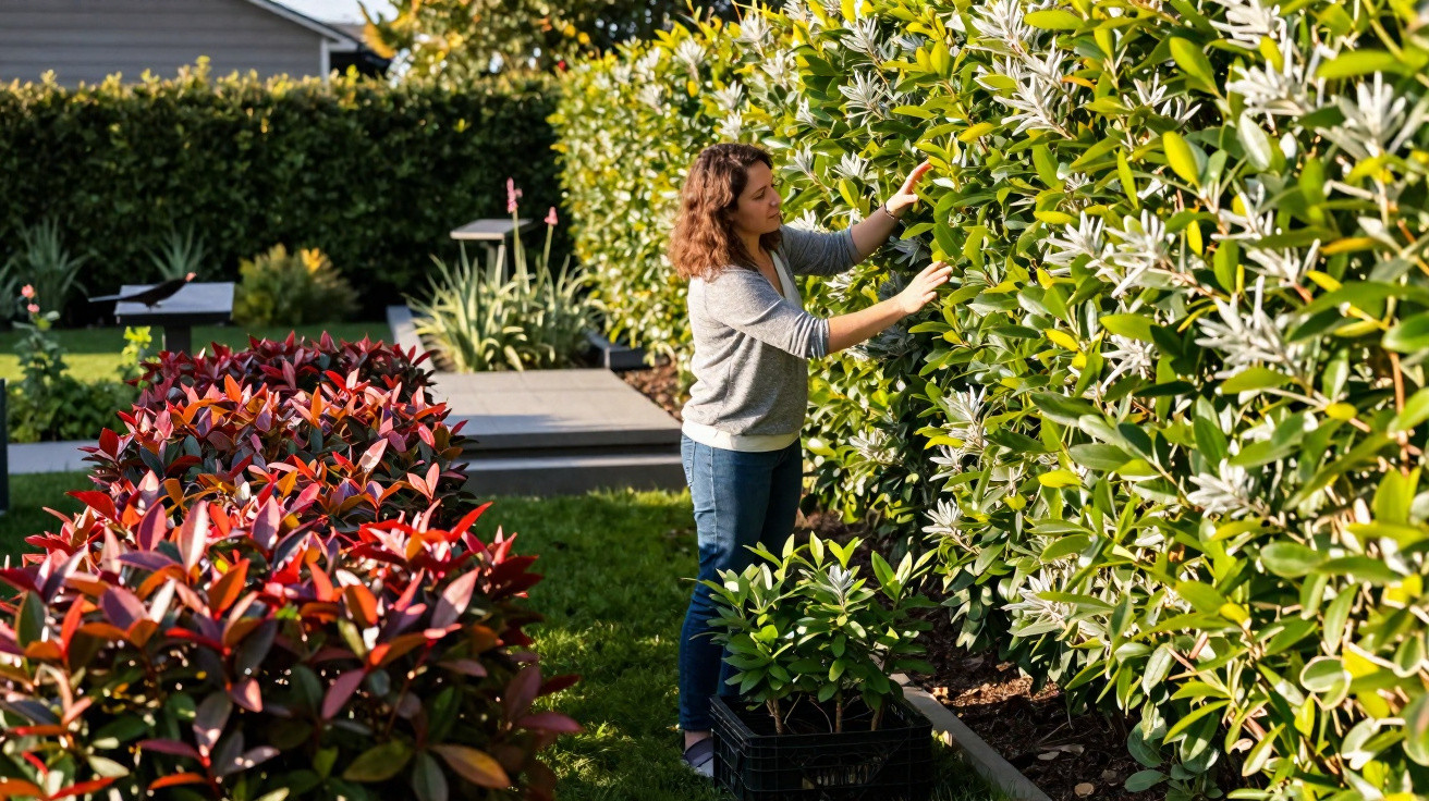 Mulher a podar uma sebe verde num jardim com plantas em vasos e arbustos com folhas vermelhas.