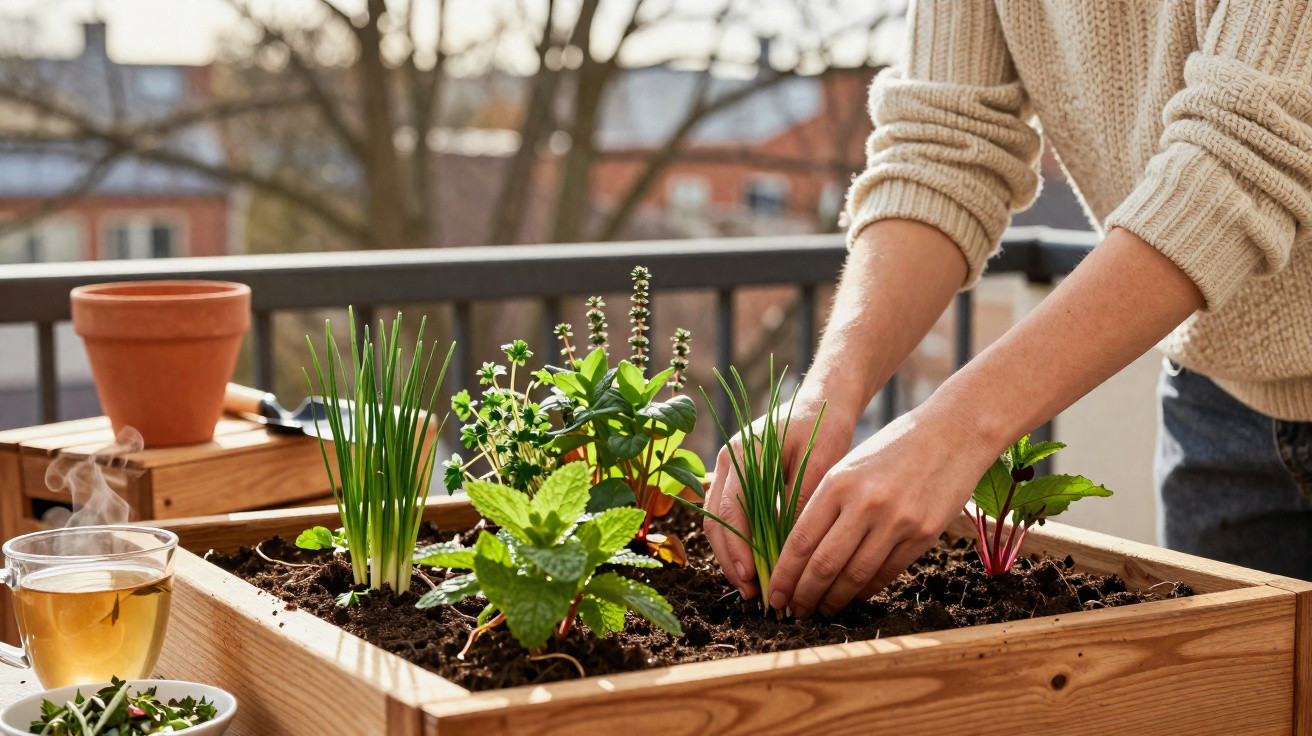 Pessoa a cuidar de ervas aromáticas numa horta urbana em caixa de madeira num terraço.