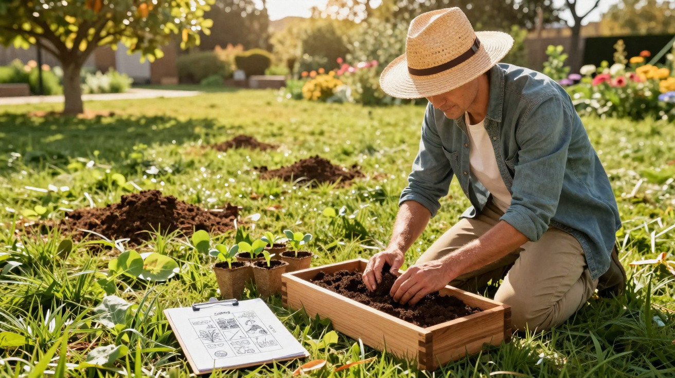 Homem de chapéu a plantar sementes numa jardinagem ao ar livre durante o dia ensolarado.
