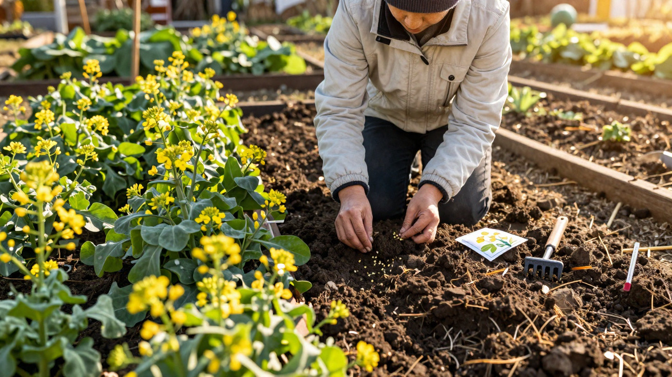 Pessoa a plantar sementes em terra de jardim com flores amarelas ao sol da manhã.