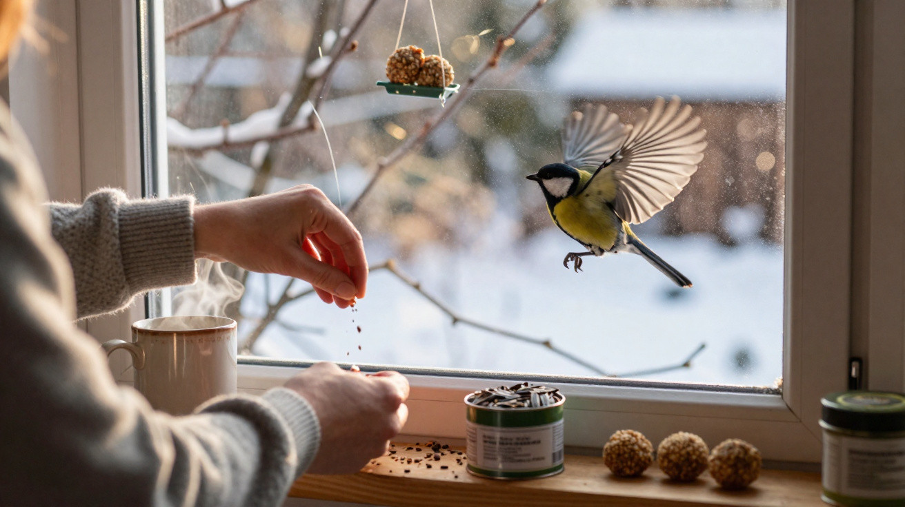 Mãos a alimentar um pássaro perto de uma janela com neve, com chá quente e comida para aves na borda.