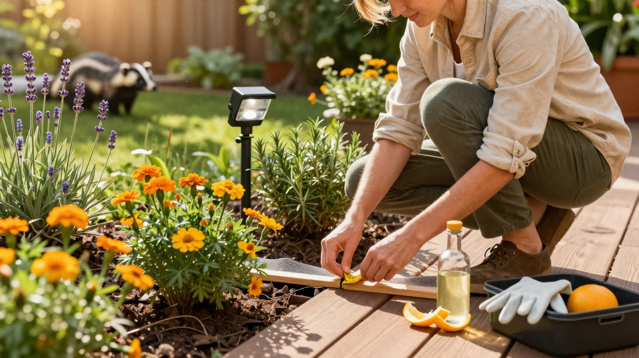 Pessoa a medir plantas e flores num jardim, com luvas e ferramentas ao lado numa caixa preta.
