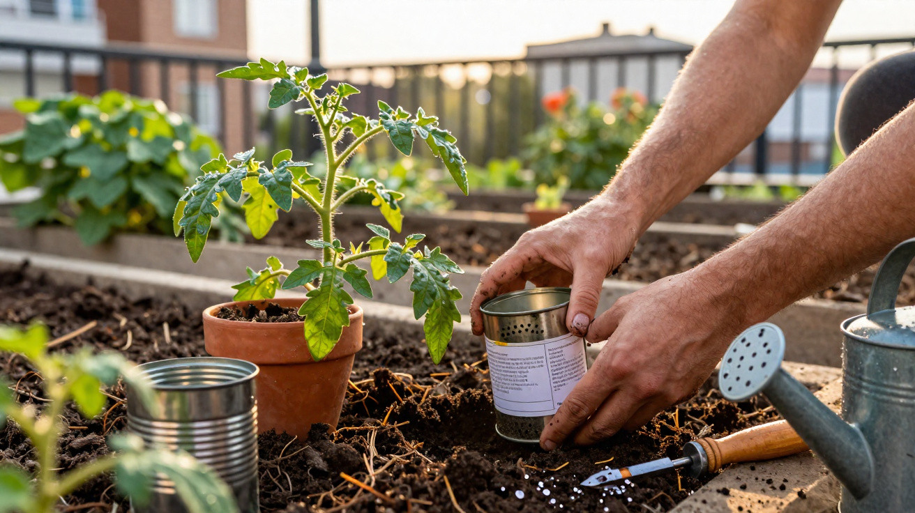 Mãos a semear sementes em terra de jardim urbano com regador, vaso e planta de tomate jovem.