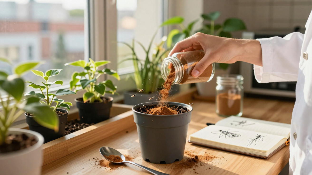 Mão a deitar inseticida em pó num vaso de planta dentro de uma casa com plantas e livro aberto com desenhos de insetos.