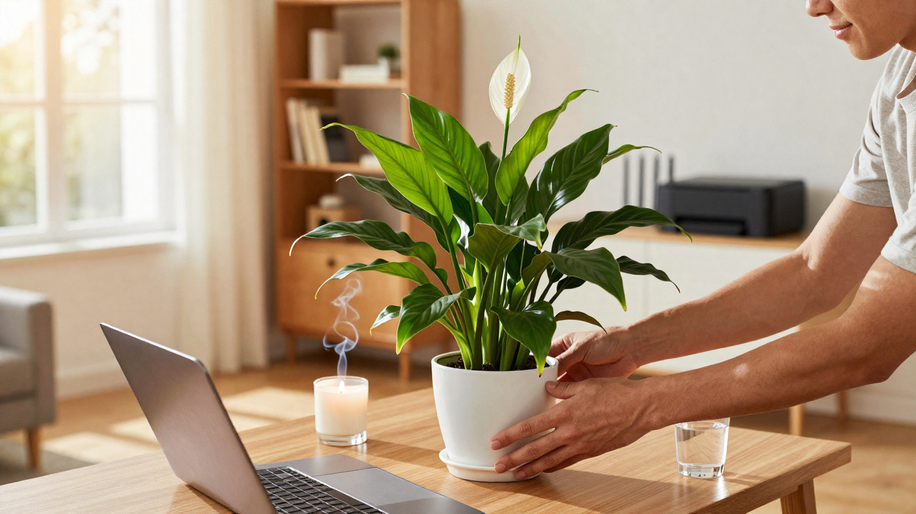 Pessoa a arrumar planta verde com flor branca num vaso branco numa mesa com computador portátil e vela aromática.