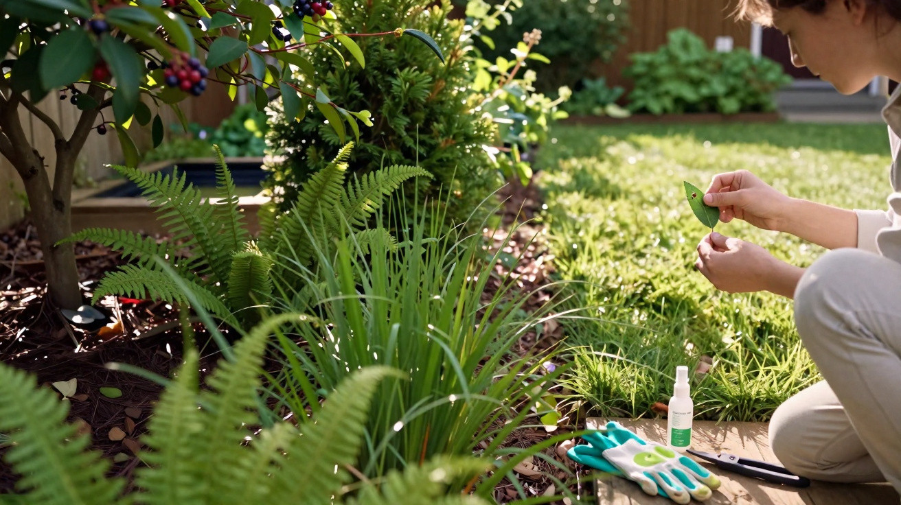 Pessoa a examinar uma planta num jardim com luvas, spray e tesouras ao lado no chão.