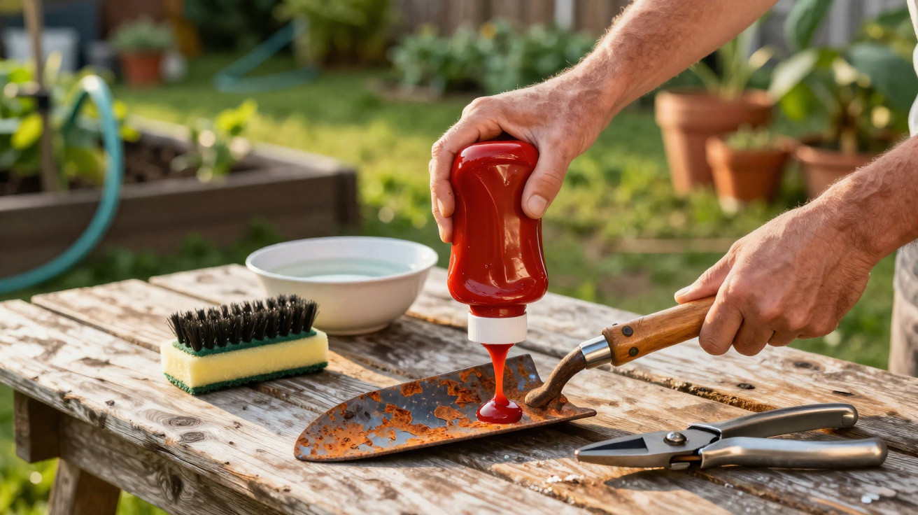 Pessoa a colocar ketchup numa pá de jardim enferrujada numa mesa de madeira no exterior.