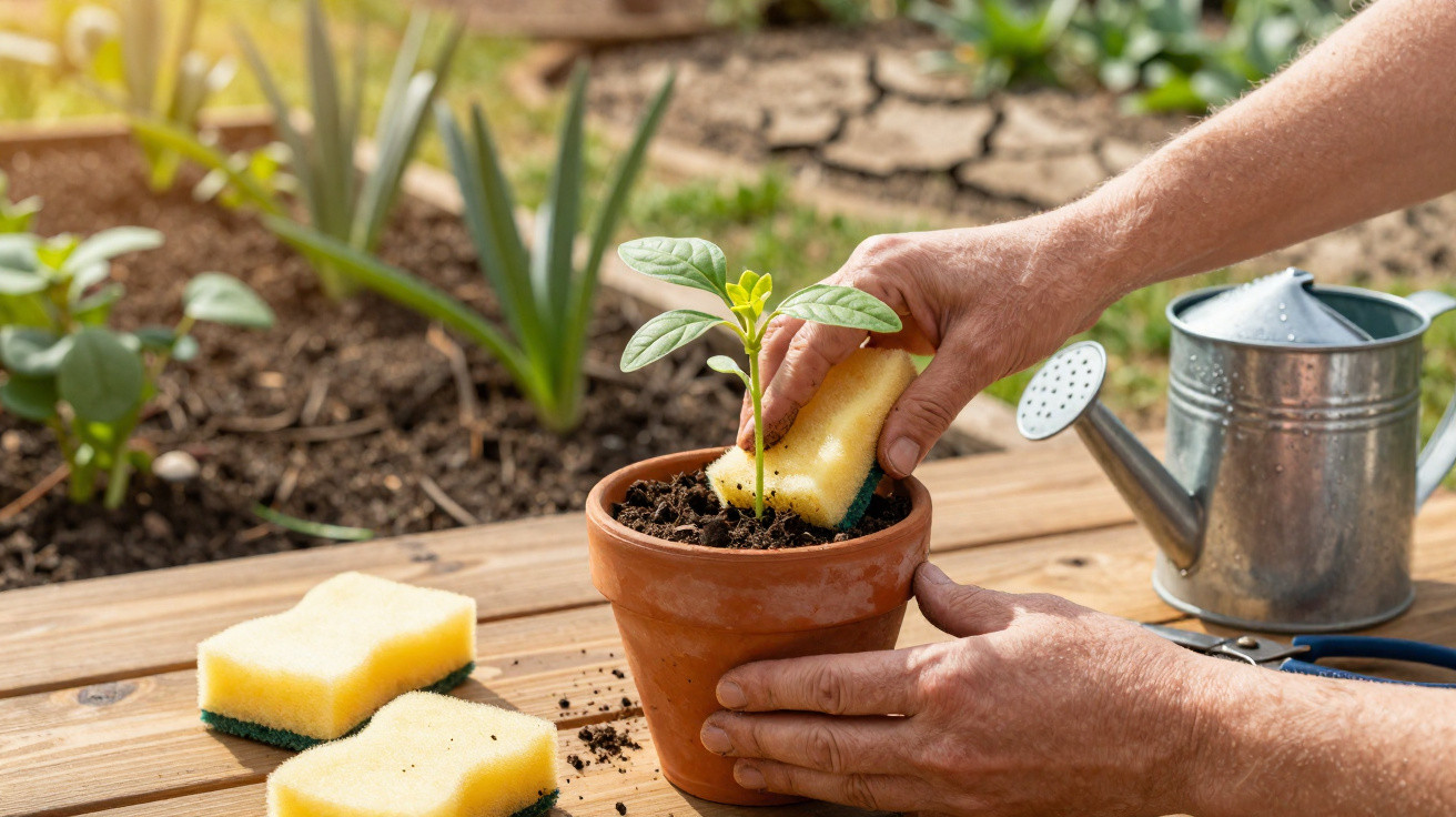 Mãos a limpar terra de uma planta jovem num vaso de barro com uma esponja num jardim solarengo.