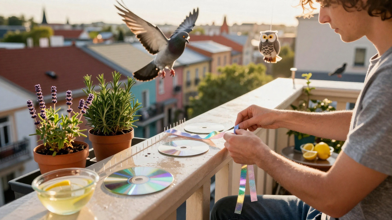 Homem sentado numa varanda a colocar fitas reflexivas num parapeito enquanto um pombo voa próximo e há vasos de plantas.