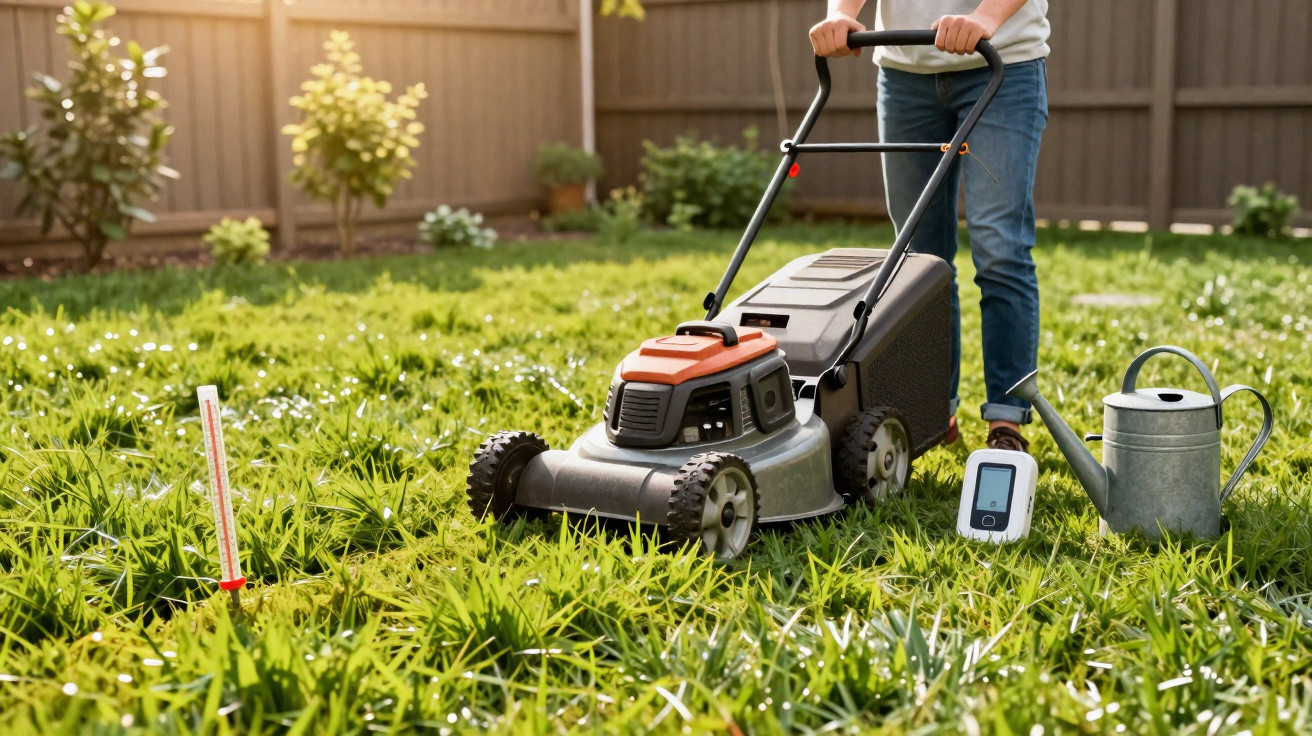 Pessoa a cortar relva num jardim com máquina de cortar e regador junto.