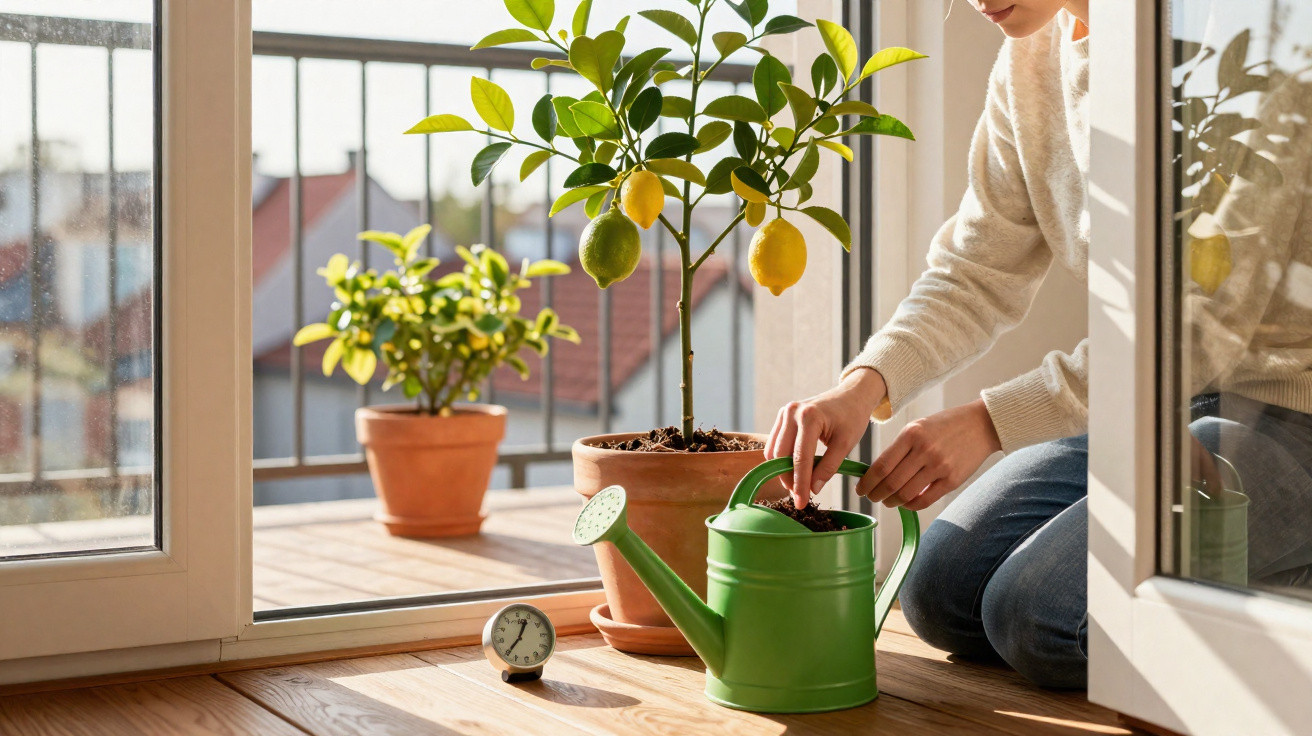 Pessoa a cuidar de plantas cítricas em vasos num terraço com regador verde e termómetro.