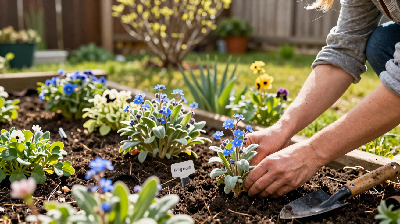 Pessoa a plantar flores azuis num jardim com solo preparado e ferramentas de jardinagem.