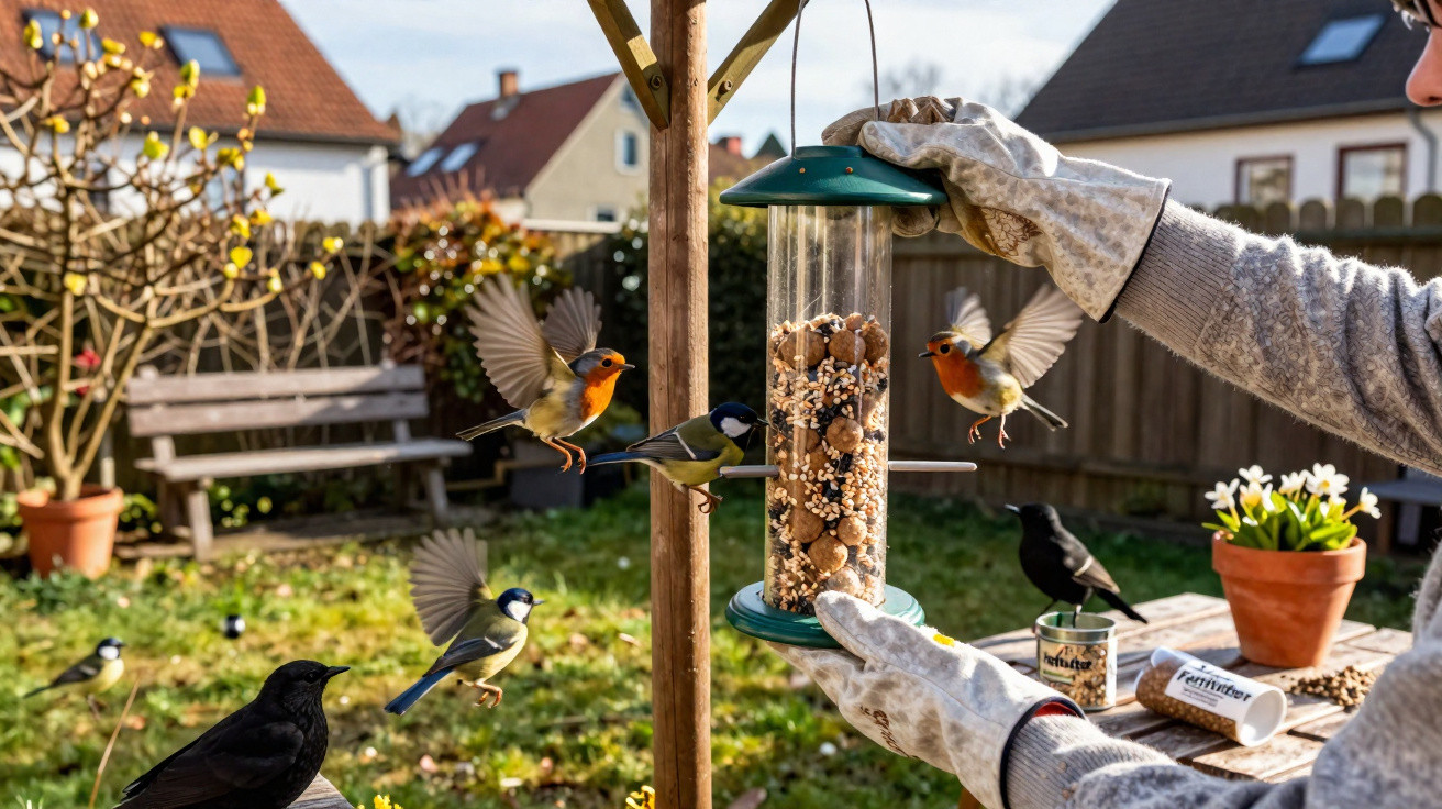Pessoa a colocar comedouro para pássaros com várias aves a voar num jardim urbano ensolarado