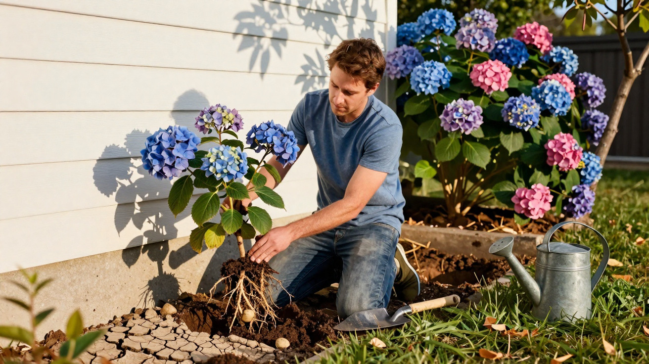 Homem a plantar hortênsia azul num jardim junto a vaso de rega e flores rosa e azul.