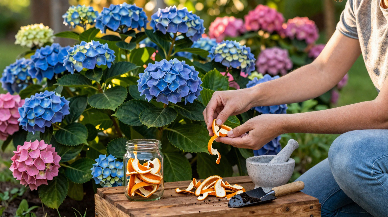 Pessoa a descascar casca de laranja para plantas floridas de hortênsias azuis e rosas num jardim.