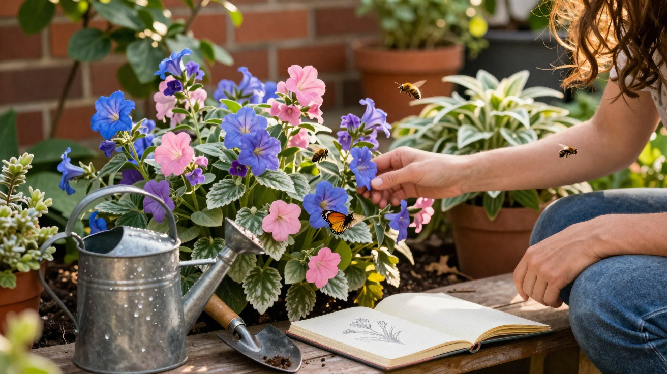 Pessoa a cuidar de flores azuis e cor-de-rosa num jardim, com regador, enxada, caderno e abelhas à volta.