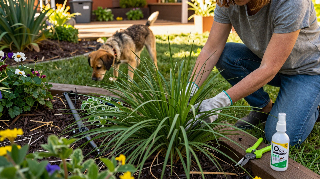 Pessoa a cuidar de plantas num jardim com cão a explorar ao fundo.